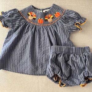 Blue and white striped smocked Turkey dress with matching bloomers
